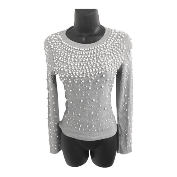 Stunning pearl embellished beaded gray long sleeve sweater top size‎ large new - Picture 5 of 15